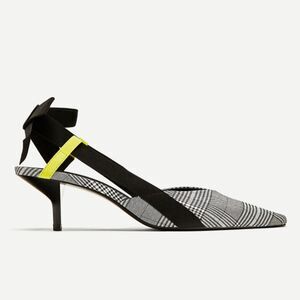 Zara Trafaluc Black & White Plaid Slingback Pointed Toe Kitten Heels 37 EU 6.5